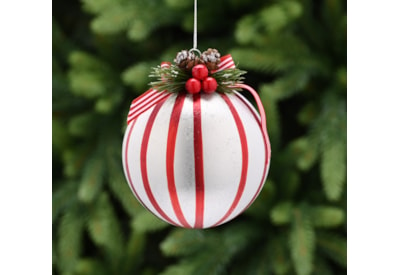 Festive Red & White Stripe With Ribbon Glass Bauble 10cm (P048950)