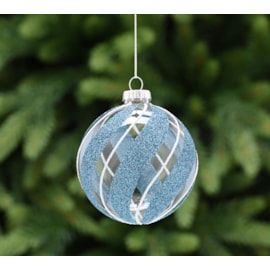 Festive Clear Glass With Blue Glitter Stripes Bauble 8cm (P048990)