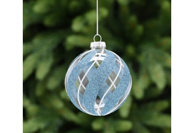 Festive Clear Glass With Blue Glitter Stripes Bauble 8cm (P048990)