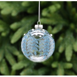 Festive Clear Glass With Blue Glitter Leaf Bauble 8cm (P048991)