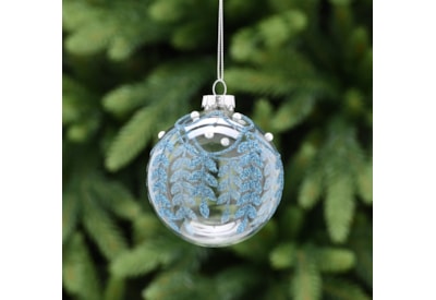 Festive Clear Glass With Blue Glitter Leaf Bauble 8cm (P048991)