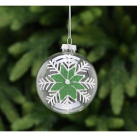 Festive Clear Glass With White/green Snowflake Bauble 8cm (P048993)