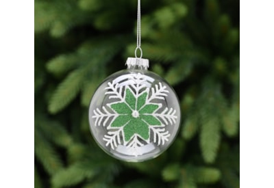 Festive Clear Glass With White/green Snowflake Bauble 8cm (P048993)