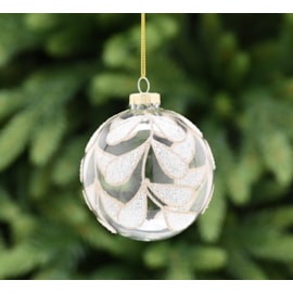 Festive Clear Glass With Gold/white Glitter Leaf Bauble 8cm (P048999)