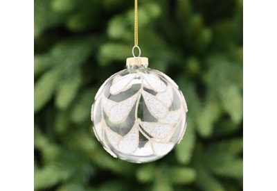 Festive Clear Glass With Gold/white Glitter Leaf Bauble 8cm (P048999)