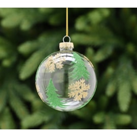 Festive Clear Glass With Gold Snowflake/green Trees Bauble 8cm (P049025)