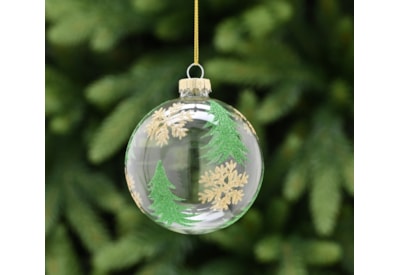 Festive Clear Glass With Gold Snowflake/green Trees Bauble 8cm (P049025)