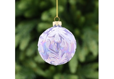 Festive Lilac Iris With Glitter Leaf Glass Bauble 8cm (P049061)