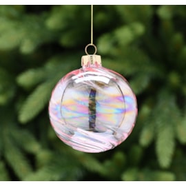 Festive Clear With Pink Iridescent Stripe Glass Bauble 8cm (P049070)