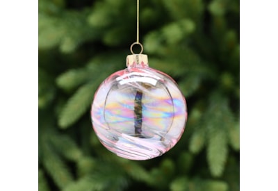 Festive Clear With Pink Iridescent Stripe Glass Bauble 8cm (P049070)