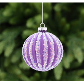 Festive Matt Purple Glitter/white Stripes Glass Bauble 8cm (P049078)