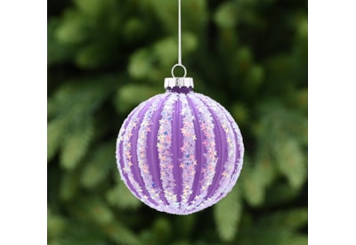 Festive Matt Purple Glitter/white Stripes Glass Bauble 8cm (P049078)