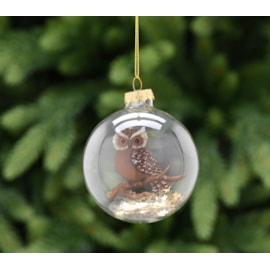 Festive Clear Glass With Owl & Stars Inside Bauble 8cm (P049105)