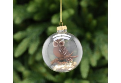 Festive Clear Glass With Owl & Stars Inside Bauble 8cm (P049105)