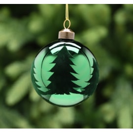 Festive Shiny Green Glass With Flock Trees Bauble 8cm (P049436)