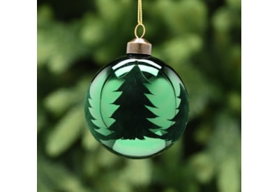 Festive Shiny Green Glass With Flock Trees Bauble 8cm (P049436)