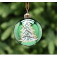 Festive Shiny Green With Wht Tree Red Sequin Glass Bauble 8cm (P049446)