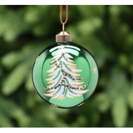Festive Shiny Green With Wht Tree Red Sequin Glass Bauble 8cm (P049446)