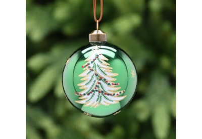 Festive Shiny Green With Wht Tree Red Sequin Glass Bauble 8cm (P049446)