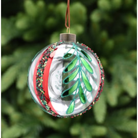 Festive Clear Glass With Green/red Leaves Bauble 10cm (P049447)