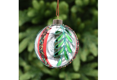 Festive Clear Glass With Green/red Leaves Bauble 10cm (P049447)