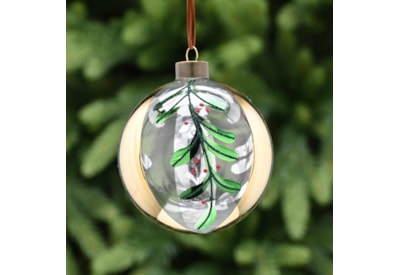 Festive Clear Glass With Mistletoe Design Bauble 10cm (P049449)