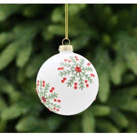 Festive White With Green Snowflake & Red Gem Glass Bauble 8cm (P049453)