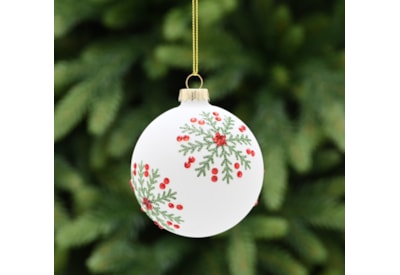 Festive White With Green Snowflake & Red Gem Glass Bauble 8cm (P049453)