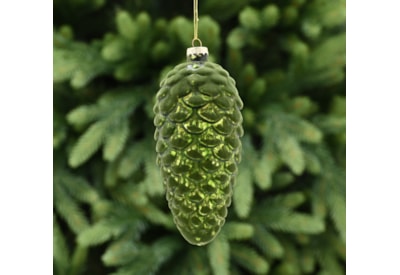 Festive Green Flock Glass Pinecone With Gold Shimmer 16cm (P049468)