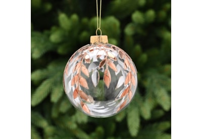 Festive Clear With Copper Leaf Design Glass Bauble 10cm (P049491)