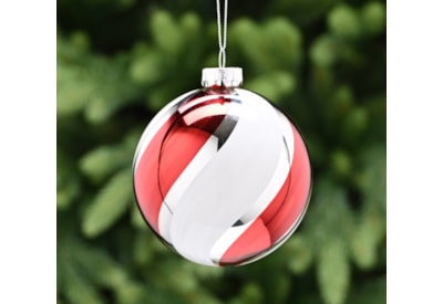 Festive Silver Thick Red/white Stripes Glass Bauble 10cm (P049516)