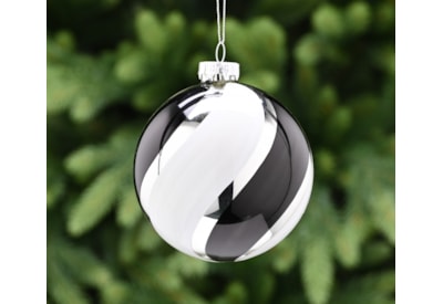 Festive Silver Thick Black/white Stripes Glass Bauble 10cm (P049519)