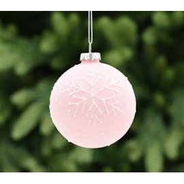 Festive Pink Frosted With White Snowflake Glass Bauble 8cm (P049540)
