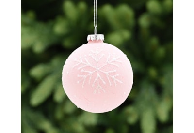 Festive Pink Frosted With White Snowflake Glass Bauble 8cm (P049540)