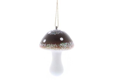 Festive Plastic Brown/white Glitter Mushroom 9cm (P049681)