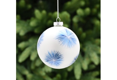 Festive Pearl White With Blue Firework Glass Bauble 10cm (P049726)