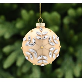 Festive Gold With Silver Gem Leaves Glass Bauble 8cm (P049745)