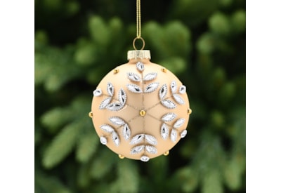 Festive Gold With Silver Gem Leaves Glass Bauble 8cm (P049745)