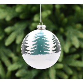 Festive Pearl Wht With Green Trees Glass Bauble 10cm (P049746)