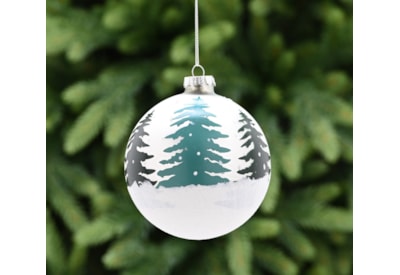 Festive Pearl Wht With Green Trees Glass Bauble 10cm (P049746)