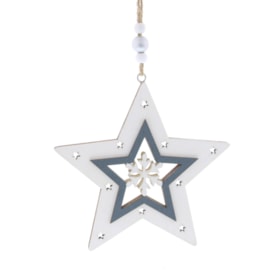 Festive Hanging White/blue Wood Star 12cm (P049941)
