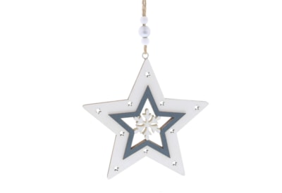 Festive Hanging White/blue Wood Star 12cm (P049941)