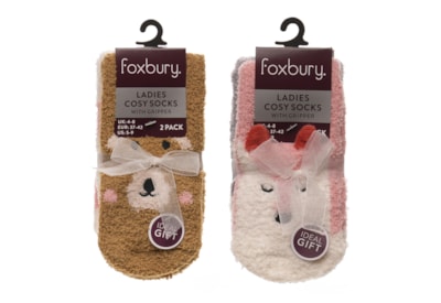 Ladies 2pk Animal Novelty Cosy Socks w Gripper (SK1251)