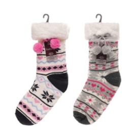 Ladies Fairisle Lounge Socks w Pom Pom & Gripper (SK1268)