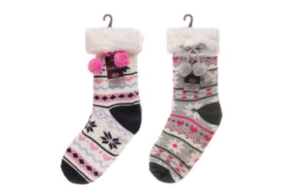 Ladies Fairisle Lounge Socks w Pom Pom & Gripper (SK1268)