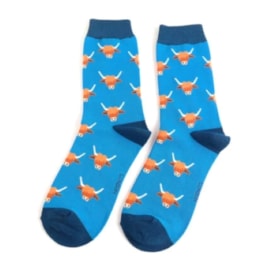 Miss Sparrow Highland Cow Socks Blue (SKS394BLUE)