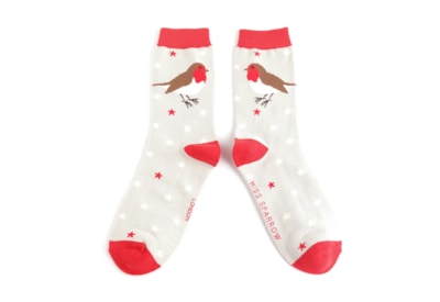 Miss Sparrow Festive Robins Socks Silver (SKS450SILVER)