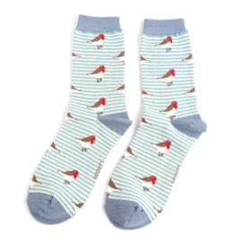 Miss Sparrow Robins On Stripes Socks Duck Egg (SKS456DUCKEGG)