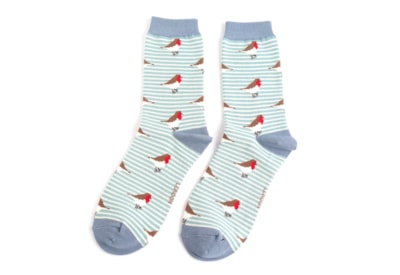 Miss Sparrow Robins On Stripes Socks Duck Egg (SKS456DUCKEGG)