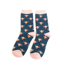 Miss Sparrow Xmas Highland Cows Socks Navy (SKS462NAVY)